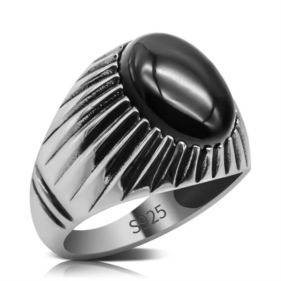 

Wholesale Original 925 Sterling Silver Jewelry Fashion Simple Mens finger Rings wholesale Silver Men's Black Agate Ring