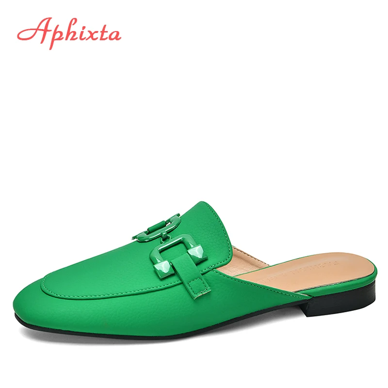 Aphixta חדש קיץ ירוק כתום נשים נעלי אבזם נעלי קלאסי כיכר הבוהן כפכפים חוף העקב שטוח שקופיות פרדות