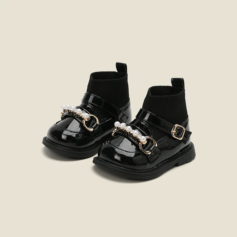 

Eu Size 15-25 Winter New Baby Girl Plush Short Boots Pearl Small Leather Shoes Toddler Korean Socks Shoes Black Beige Red