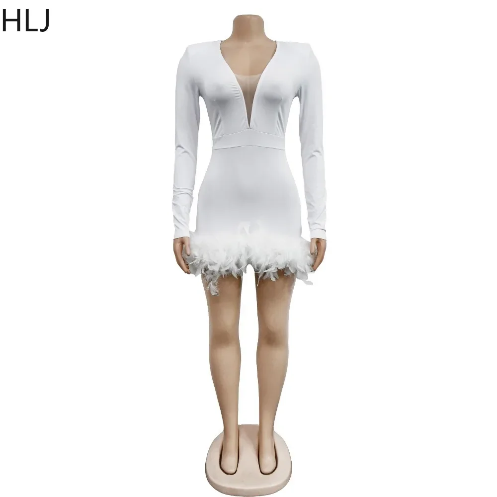 HLJ Fashion Feather Stitching Deep V Party Club Rompers Women Long Sleeve Bodycon Jumpsuits Female Solid Color Slim Overall 2023