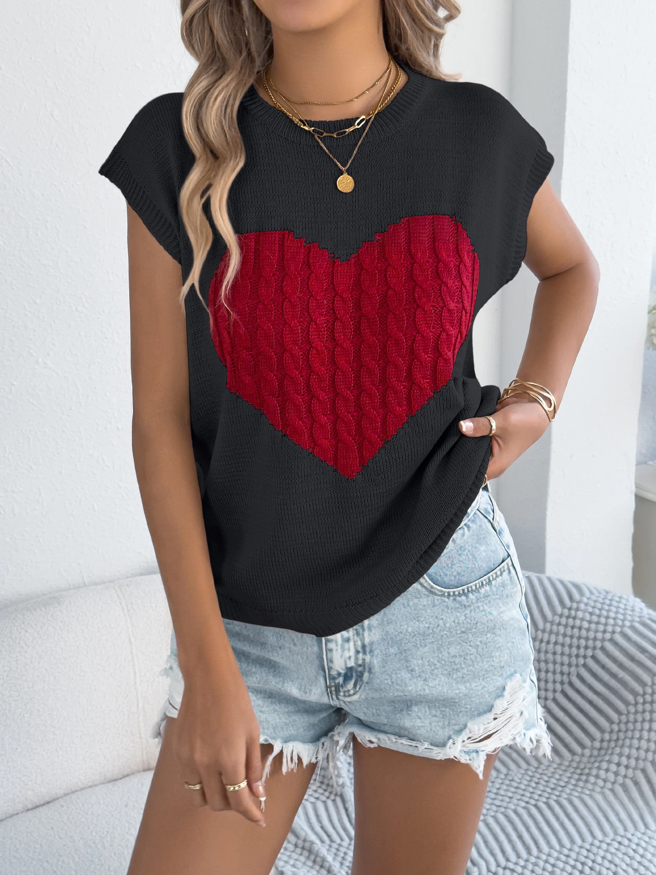 Womens Casual Heart Print Knitted Sweater