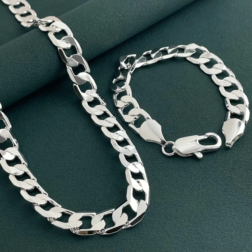 925 sterling silver 12MM side chain bracelet 23CM necklace jewelry set, suitable for men's daily wear