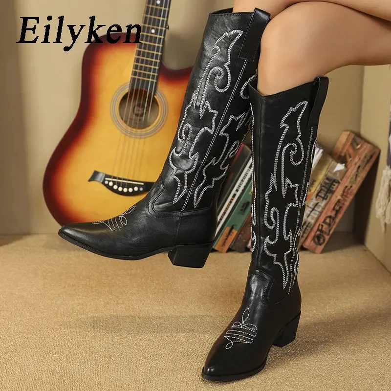 

Eilyken Design Soft Leather Pointed Toe Women Knee-High Boots Slip-On Low Heels Shoes Fashion Handmade Embroidery Booties