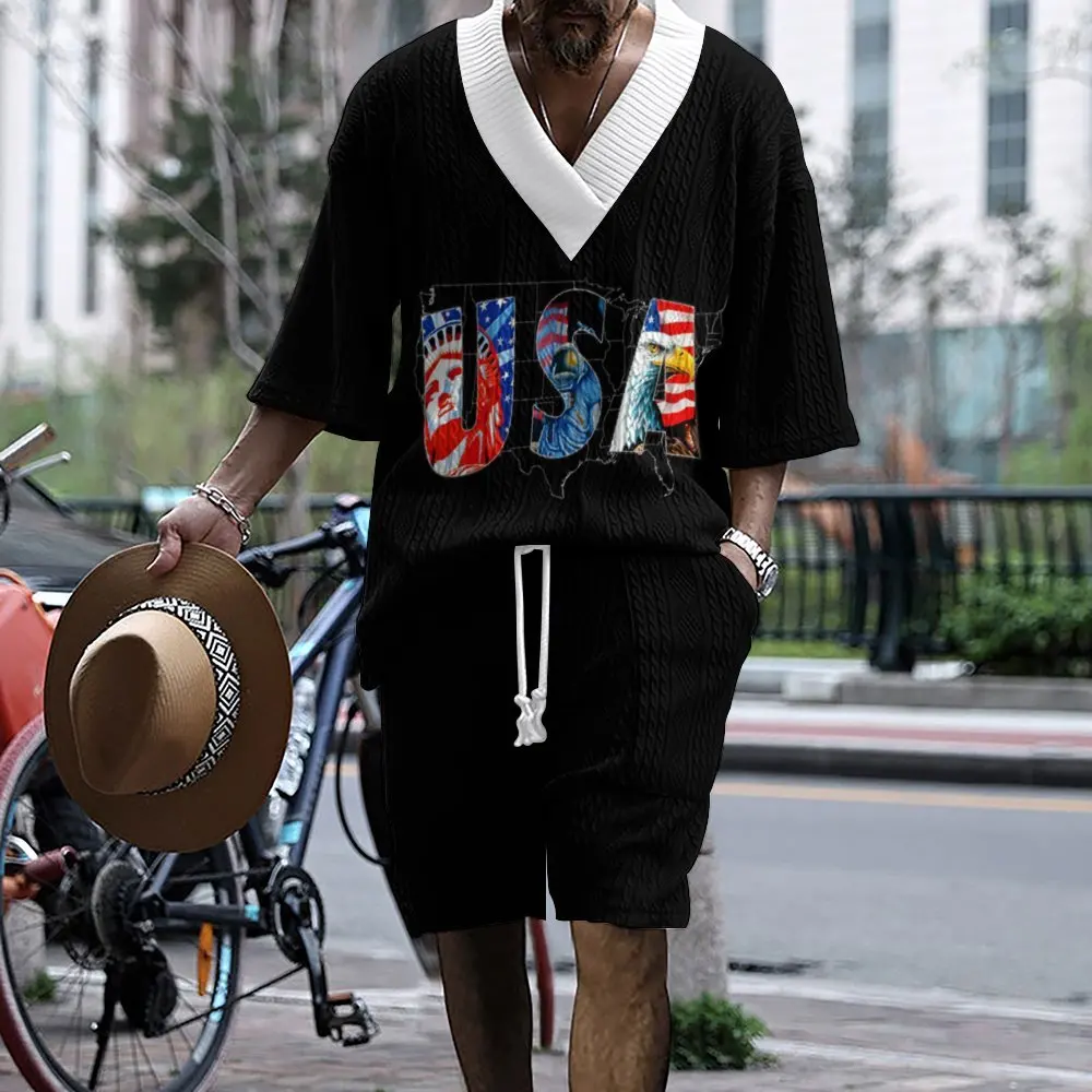 

2024 Men's Trendy Printing Casual Set Men's Summer Loose Short sleeved Shorts V-neck Dynamic Set Two piece Set for Men