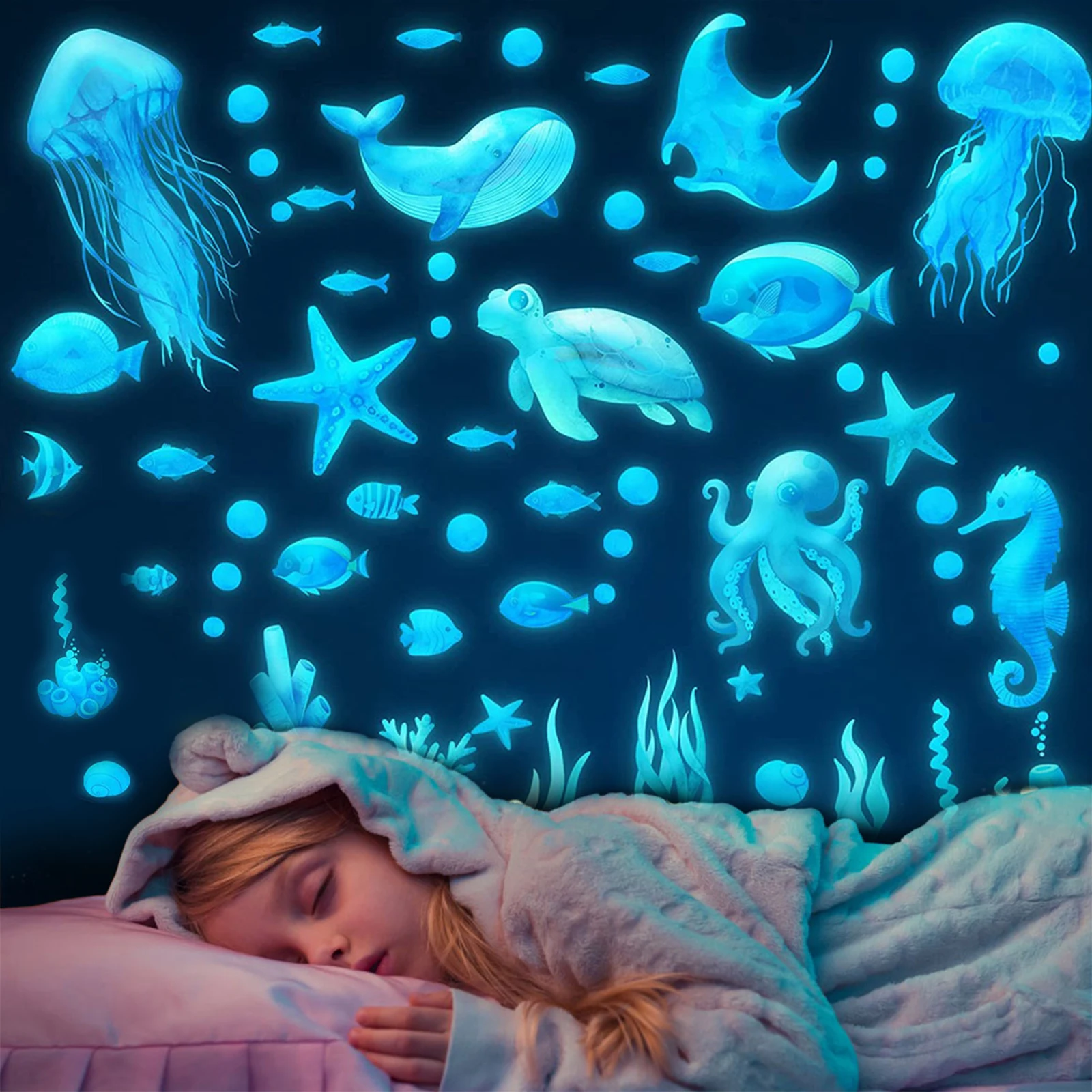 Ocean Creatures Glow in The Dark Wall Stickers Home Decor Luminous Fluorescent Sea Animals Decals For Baby Kids Room Decorations