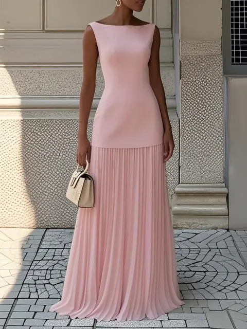 Robe longue plissée patchwork chic et élégante pour femme, sans manches, taille haute, pour soirée, club, bal de promo
