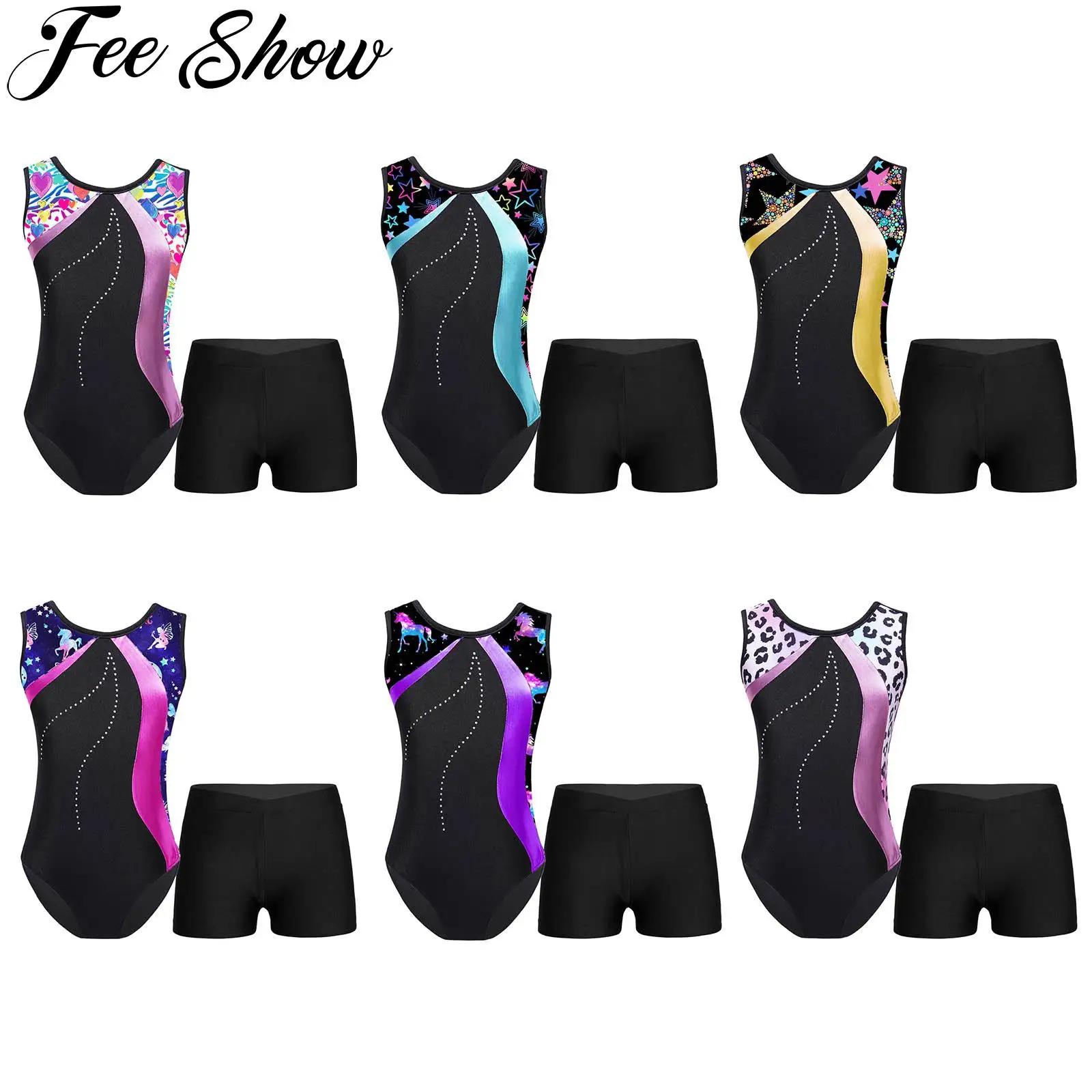 

Kids Girls Dance Gymnastics Stage Performance Clothes Set Sleeveless Patchwork Printed Leotard with V-front Waistband Shorts