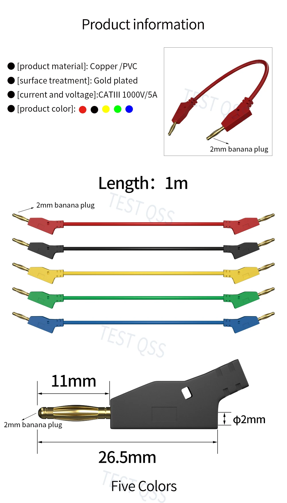 QSS 5 Stück 2MM Kleine Bananenstecker-Testleitungen Einfache Verbindungskabel Elektrische Prüfkabel in 5 Farben – Detail 1