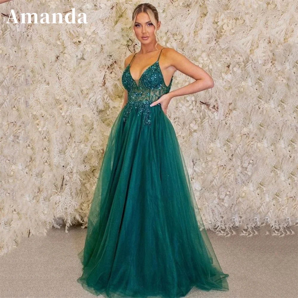 

Amanda Elegant Dark Green A-line Prom Dress 2023 Sequins Spaghetti Straps Vestidos De Noche Sleeveless Tulle فساتين مناسبة رسمية