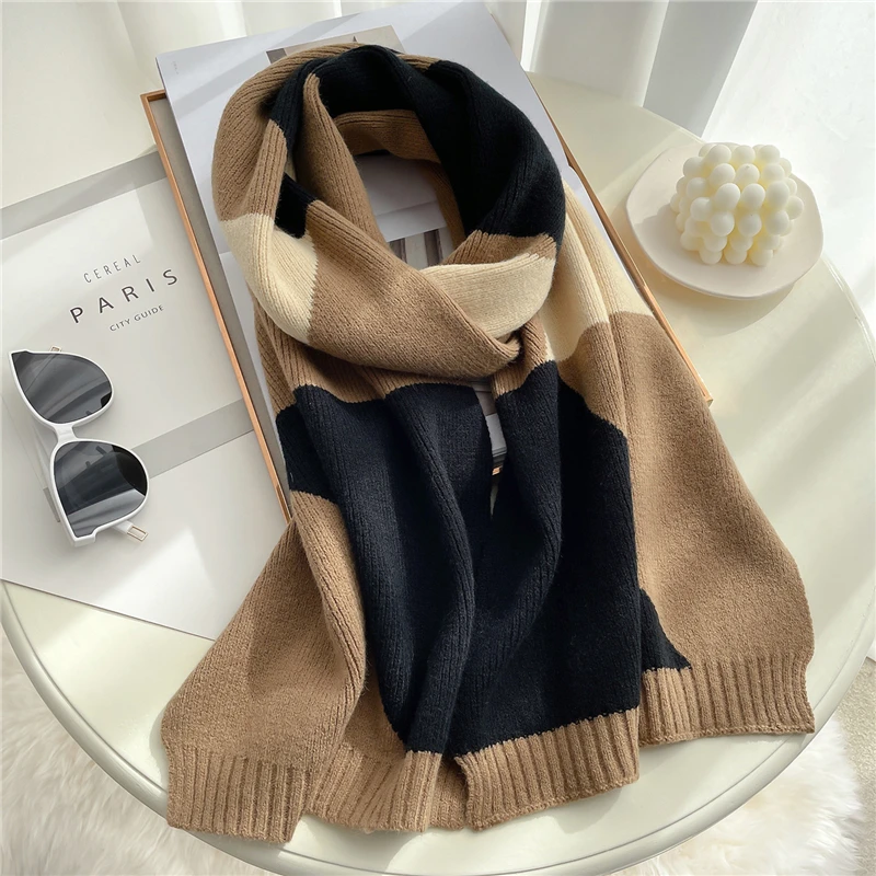 

2022 Knitted Long Scarf Women Warm Pashmina Shawl Wrap Narrow Cashmere Thick Winter Scarves Spring Geometric Wool Bufanda