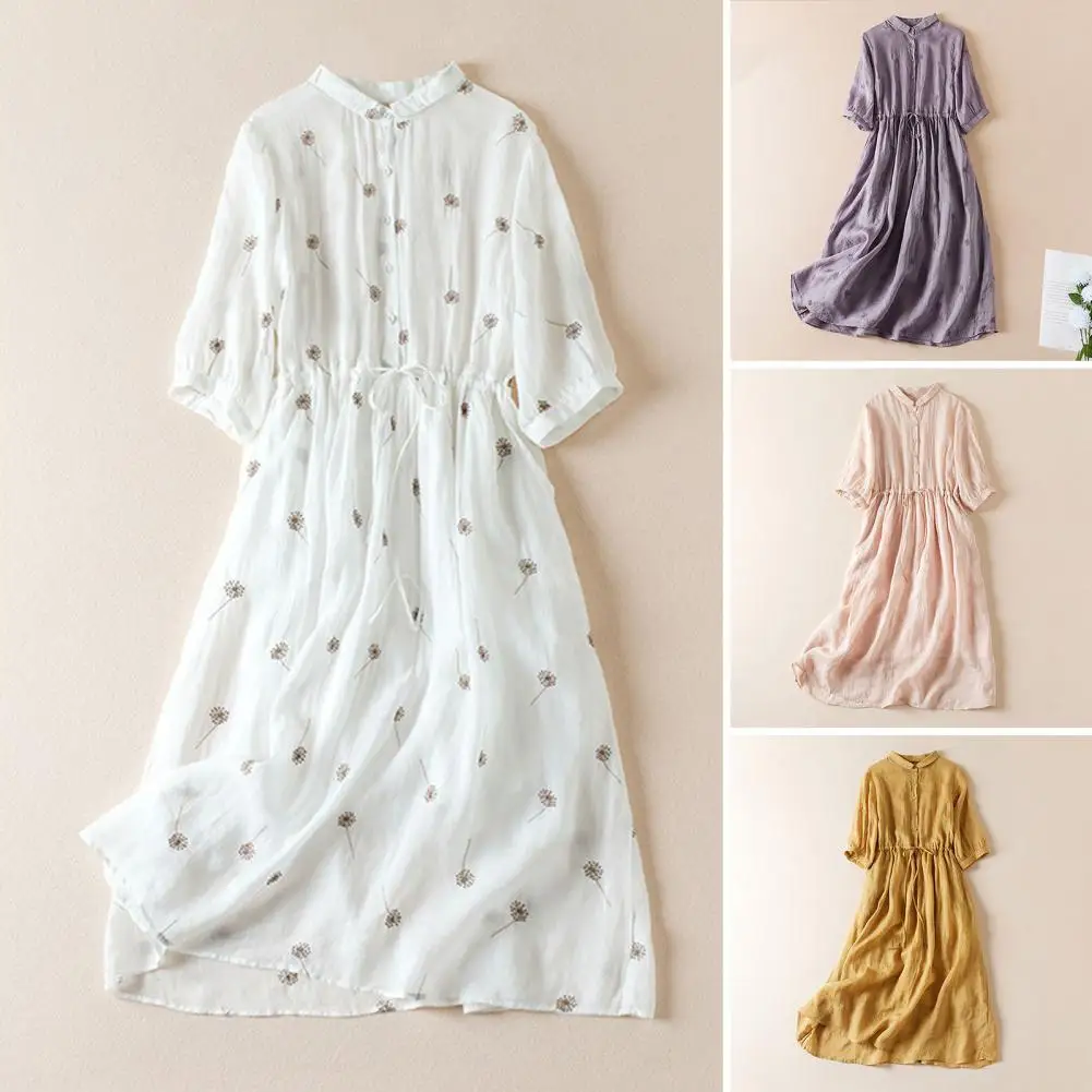 

Loose Cut Dress Bohemian Dandelion Printed Midi Dress Doll Collar Pleated A-line High Lace-up Waist for Summer Vacation Women