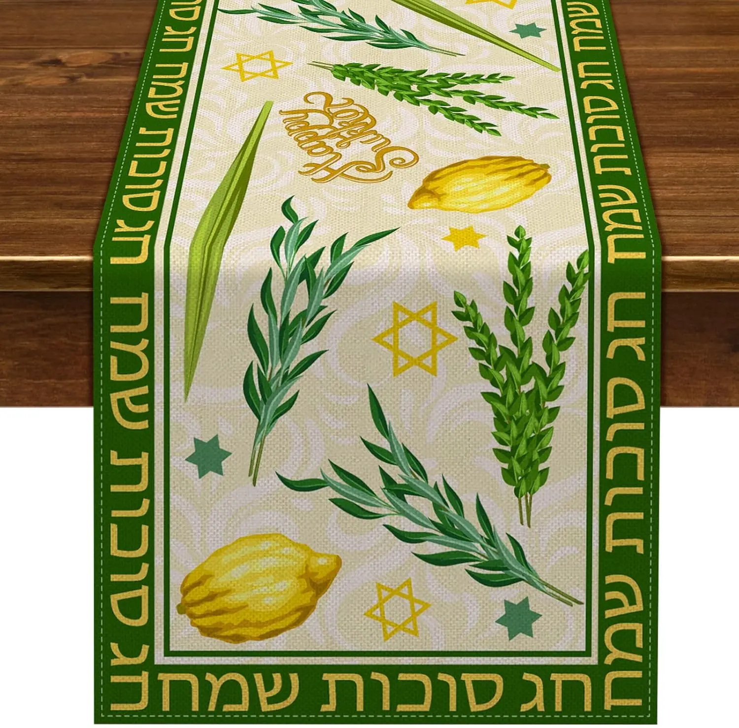 Happy Sukkot Linen Table Runner Jewish Festival Party Decor Sukkah Etrog Lulav Table Runners Holiday Kitchen Dining Table Decor