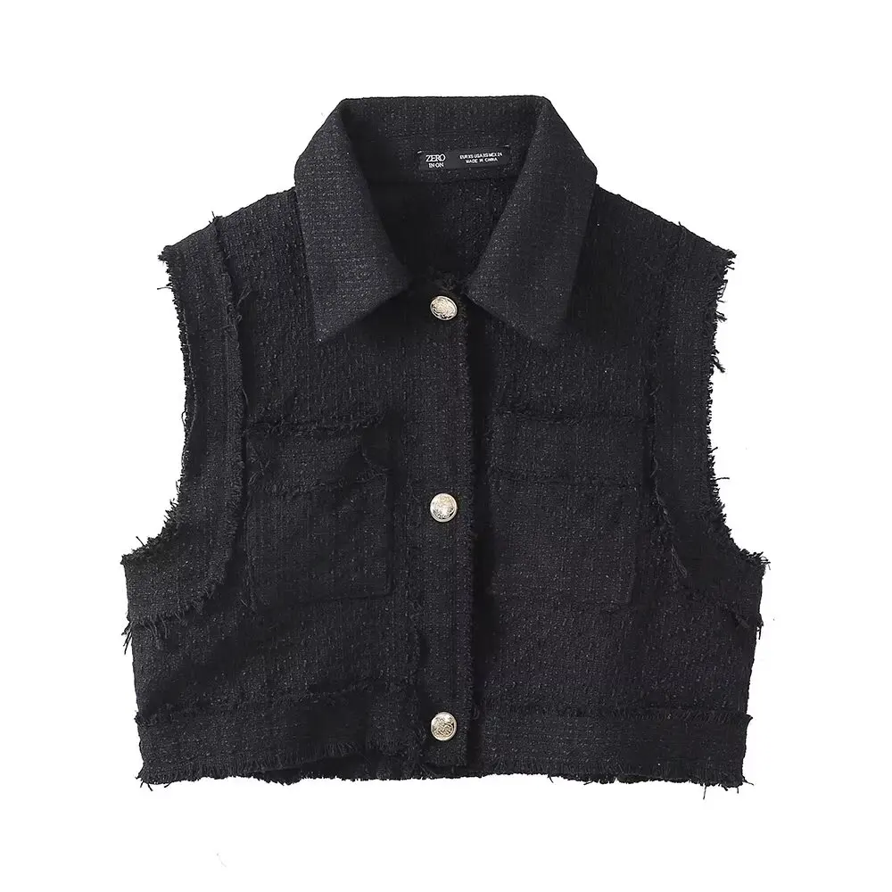 

Women New Fashion Patch bag decoration Cropped Burr trim layer Textured Vest Vintage Lapel Button-up Female Waistcoat Chic Tops