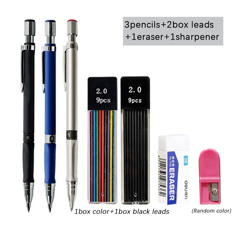 Mechanical Pencil Set 2.0mm with 2B Black/Colors Lead Refill for Writing Sketching Art Drawing Painting School Automatic Pencils 6