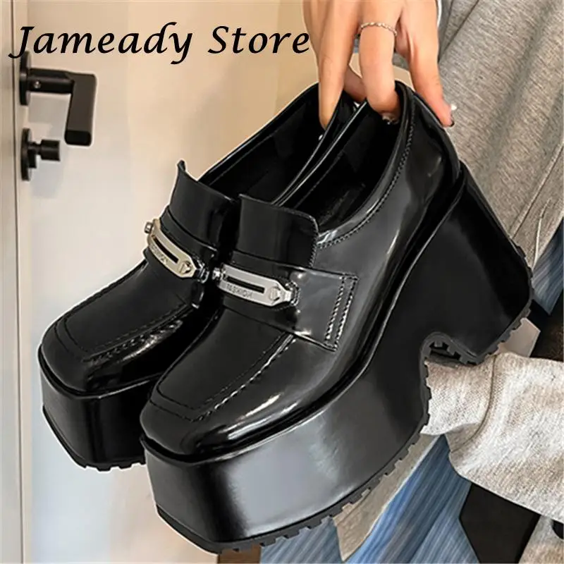

Thick Bottom Platform Wedges Loafers Fashion Super High Heel Metal Decoration Single Shoes Square Toe Casual Female Pumps Lace