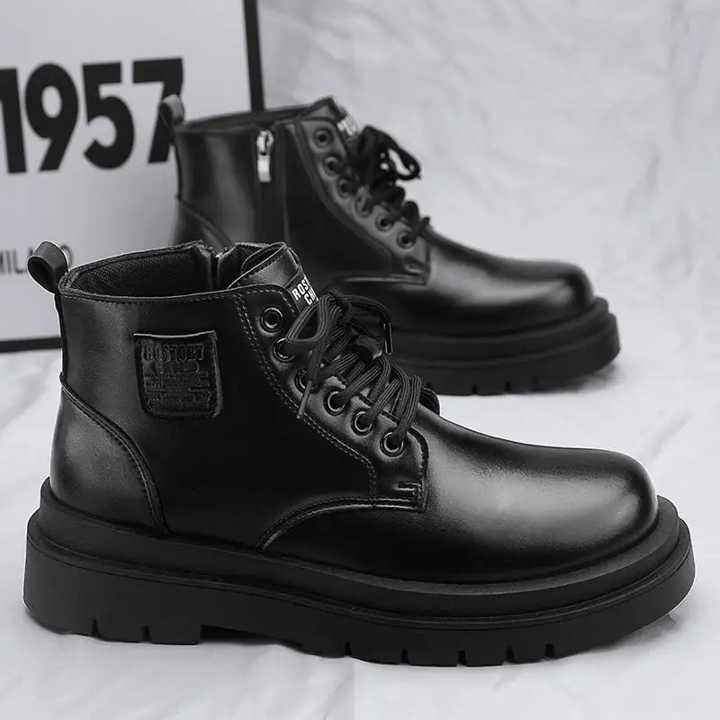 

Men's Autumn High Top British Style Black Platform Motorcycle Worker Boot Men's Height Increasing Mid-Top Leat