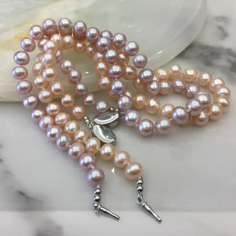 Pink Purple 8-9mm near Round Strong Light Natural Freshwater Pearl Necklace for Women