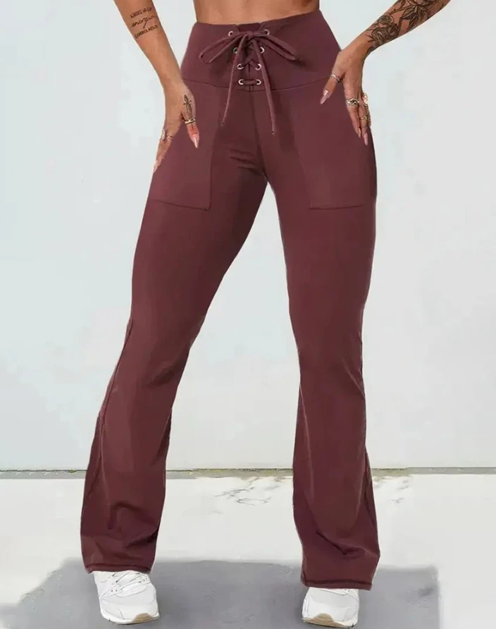 Women's Pants 2024 Spring Fashion Lace-Up Quick Dry High Waist Casual Pocket Design Plain Daily Long Active Flared Pants