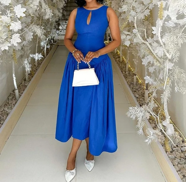 

Women Fresh Style Dress 2024 Spring Summer Latest Round Neck Sleeveless Hollow Mid Length Waist Tank Top High Waist A-Line Skirt