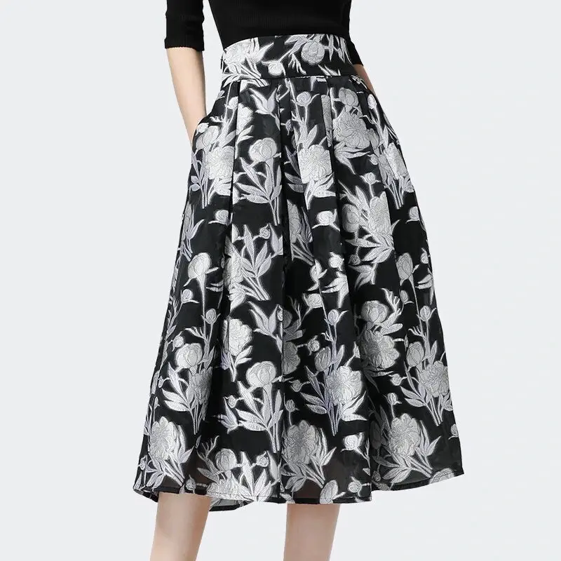 

Retro Jacquard High Waist Pleated Skirt Women 2023 Spring Summer New Fashion All-Match High Waist Slim A- line Skirt Woman