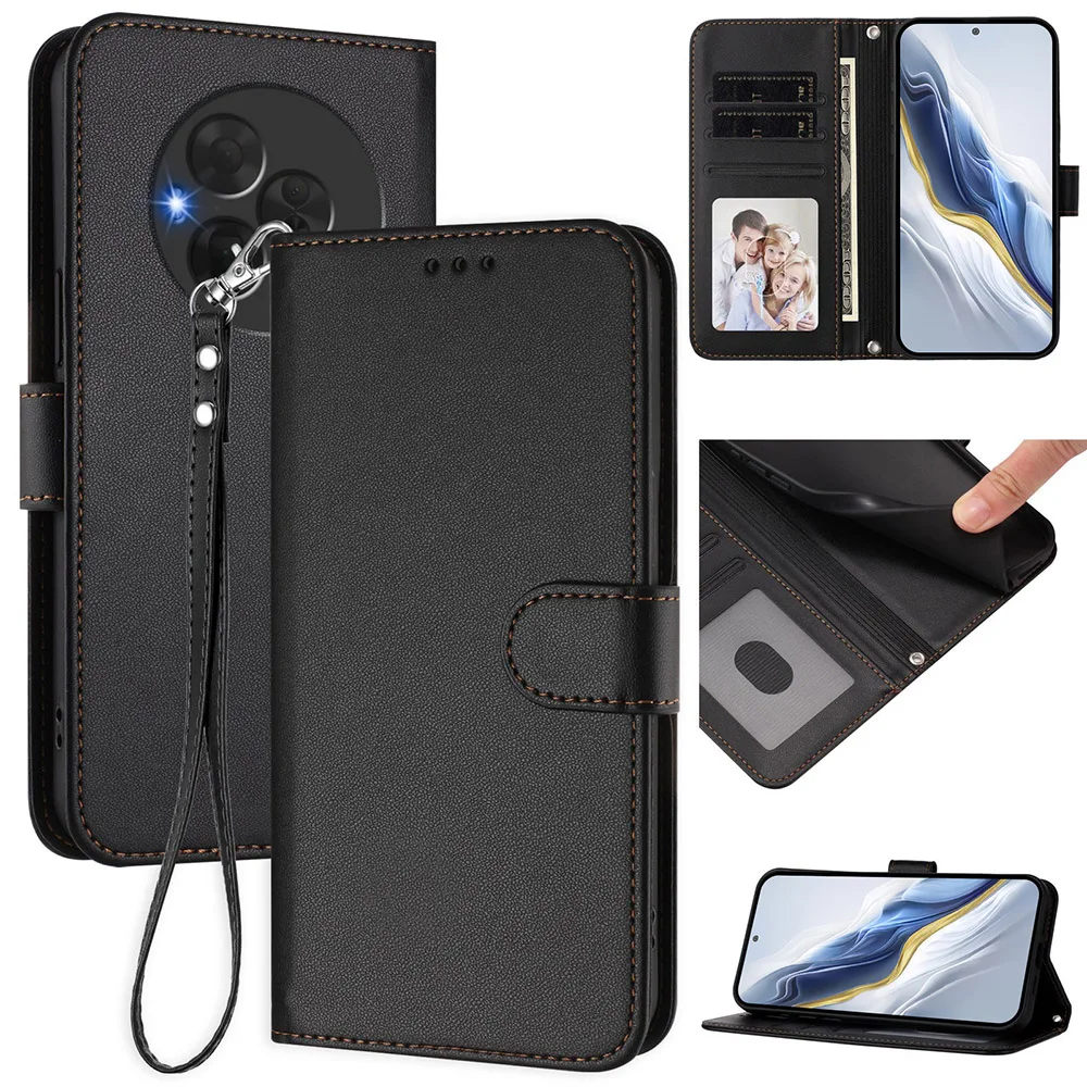 Leather Stand Wallet Phone Cover with Card Holder and Strap