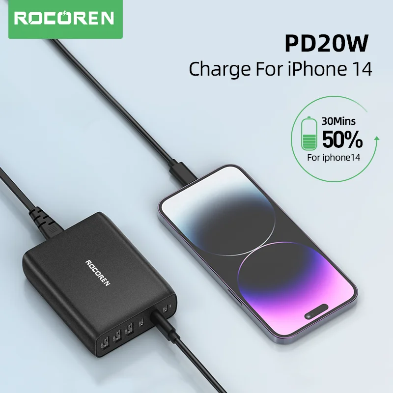 Rocoren 100W GaN Charger USB Type C PD Fast Charger Quick Charge 4.0 3.0 Multiple Desktop Charging Station For iPhone 15 Xiaomi Best Sellers In Phones Accessories