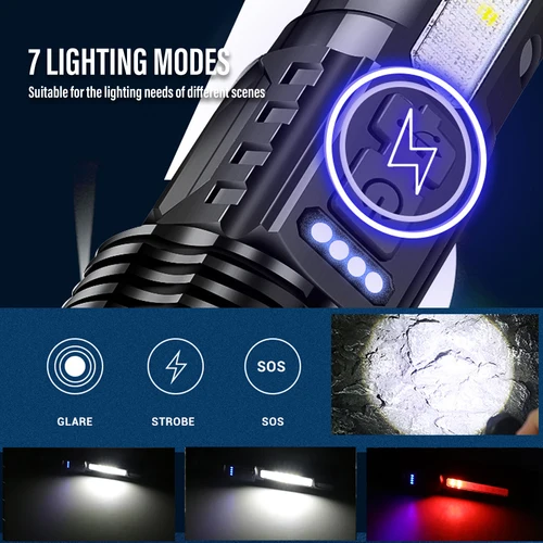 강력한 XHP50 LED 손전등 방수 18650 토치 사이드 라이트, 7 모드 캠핑 낚시 랜턴 USB 충전식 줌 램프 3
