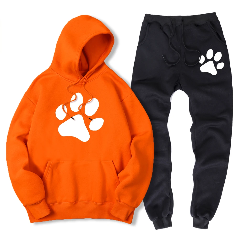thumbnail image 1 of Sudadera con estampado de pata de perro de dibujos animados kawaii para hombre + pantalón deportivo de invierno cálido de polar, conjunto de 2 piezas, ropa deportiva holgada de gran tamaño para hombre, 1 of 5