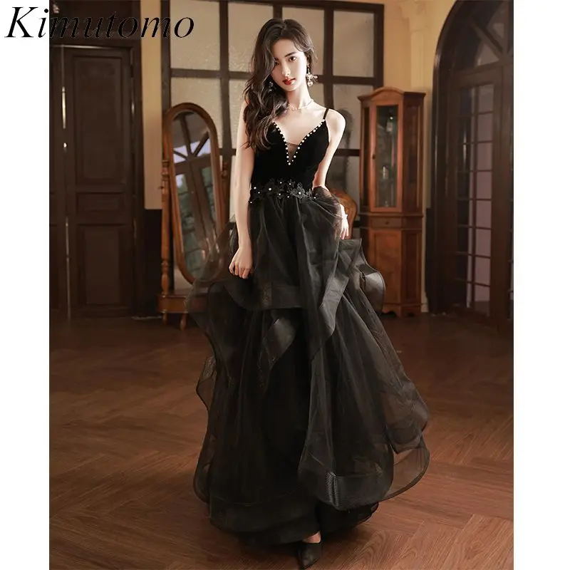 

Kimutomo Сексуальное Черное женское платье с оборками, V-образным вырезом, без рукавов, с высокой талией, с бисером, Корейская вышивка, платья для женщин