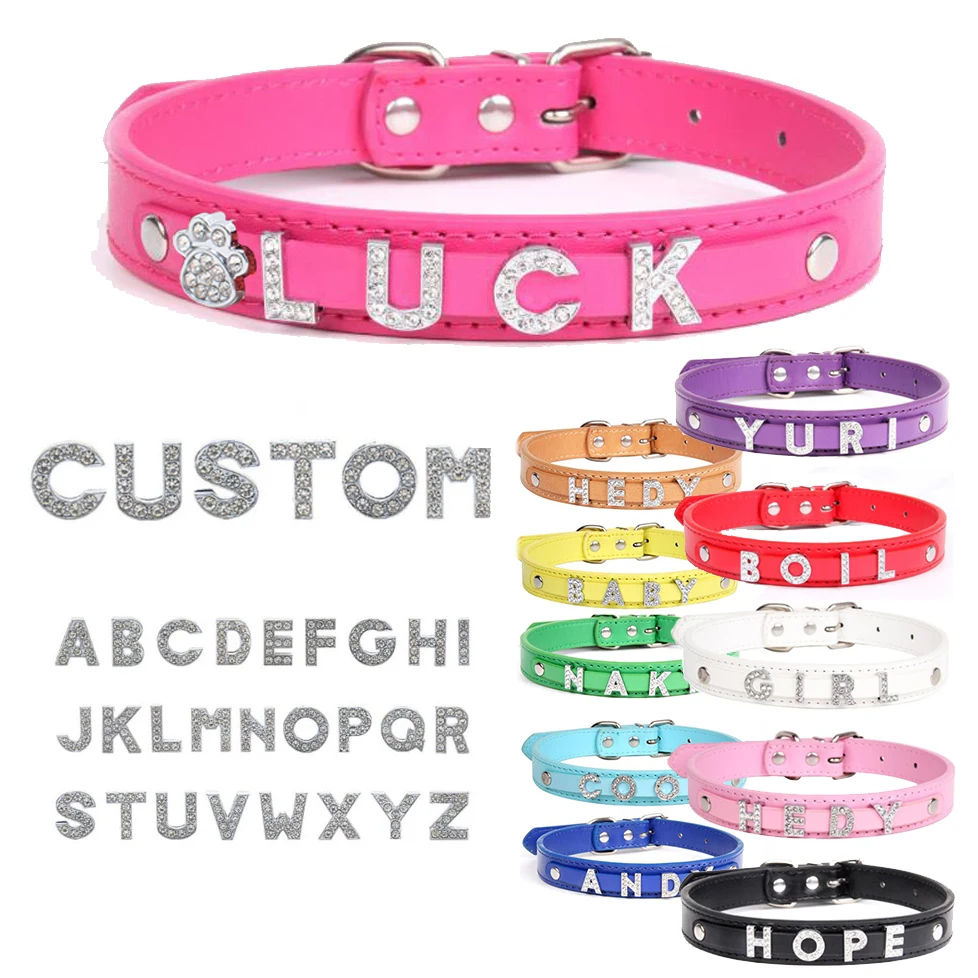 

Cute Puppy Adjustable Personalized Dog Collar Rhinestone Bling Charms Custom Pet Name Colorful Collars for Chihuahua Yorkshire