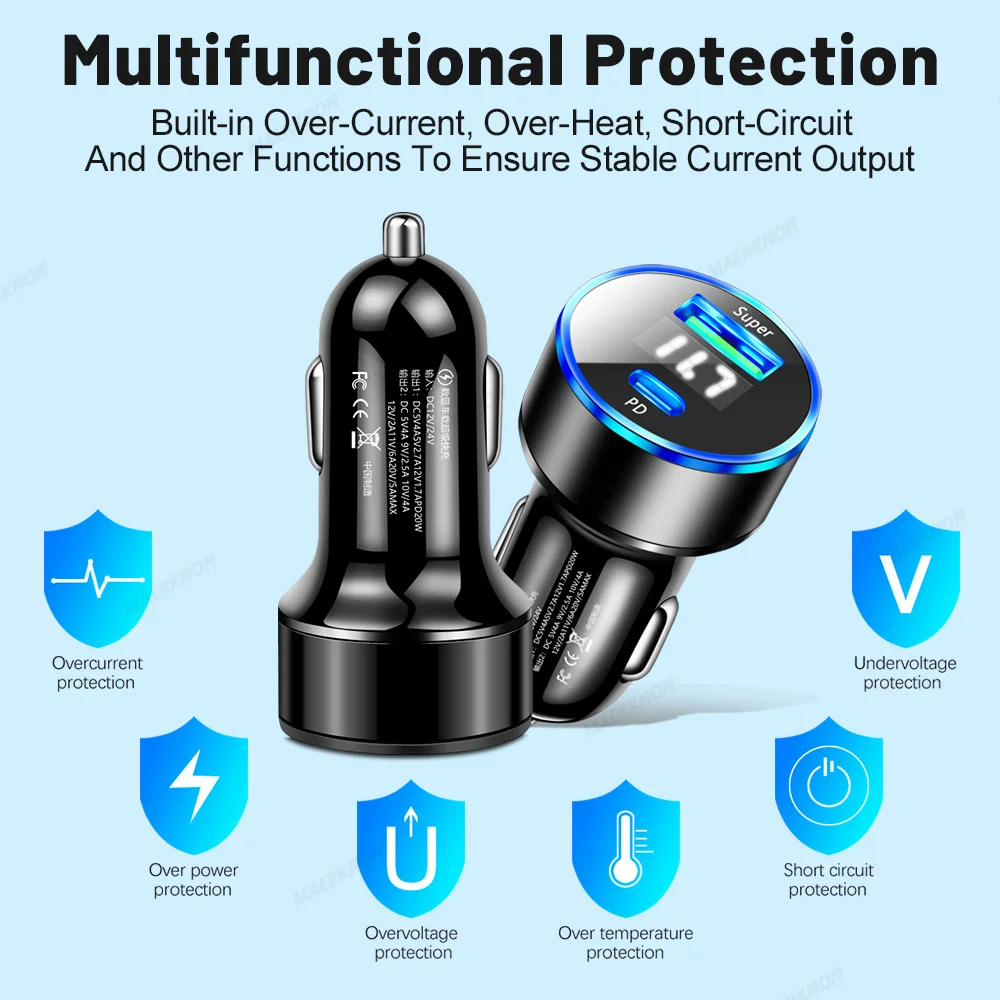 3.1A USB PD Car Charger 2 Port LED Display Voltmeter 12-24V Cigarette Lighter Socket Car Charger Adapter
