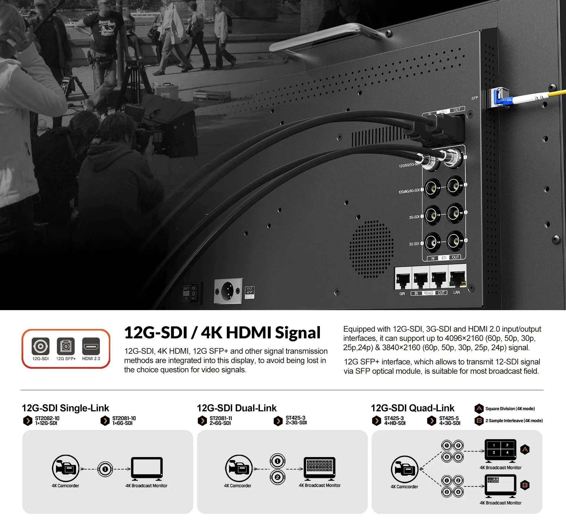 Lilliput Q15 HDR 3D-LUT 15.6 Inch 4K HDMI In Out 12G-SDI Broadcast Studio Monitor 12G-SFP Fiber Optic Input Connection