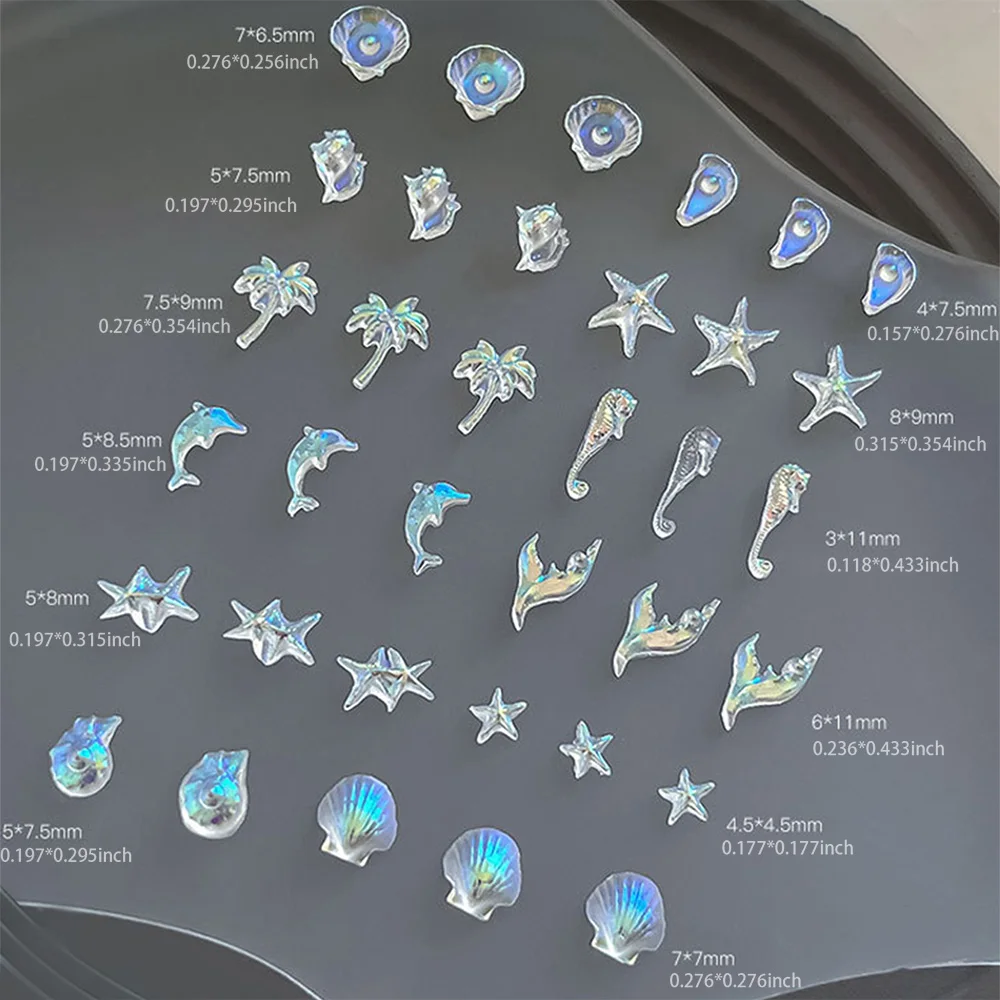 50개/봉투 3D 바다 테마 네일 아트 참 믹스 레진 불가사리 코코넛 나무 조개 소라 해마 네일 장식 네일 용품