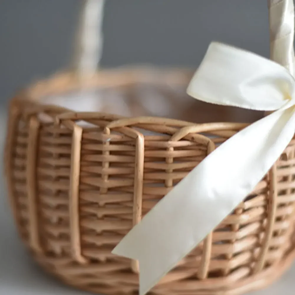 Wicker Rattan Flower Basket with Handle for Wedding Party Decor