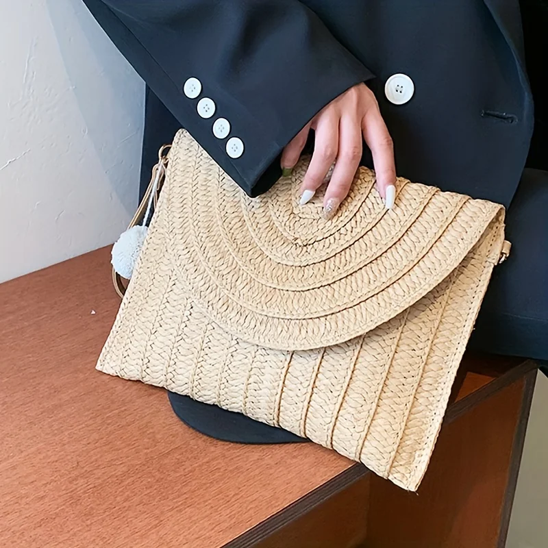 Summer Beach Handmade Straw Woven Clutch, Elegant Women's Casual Shoulder Crossbody Bag with Detachable Shoulder Strap