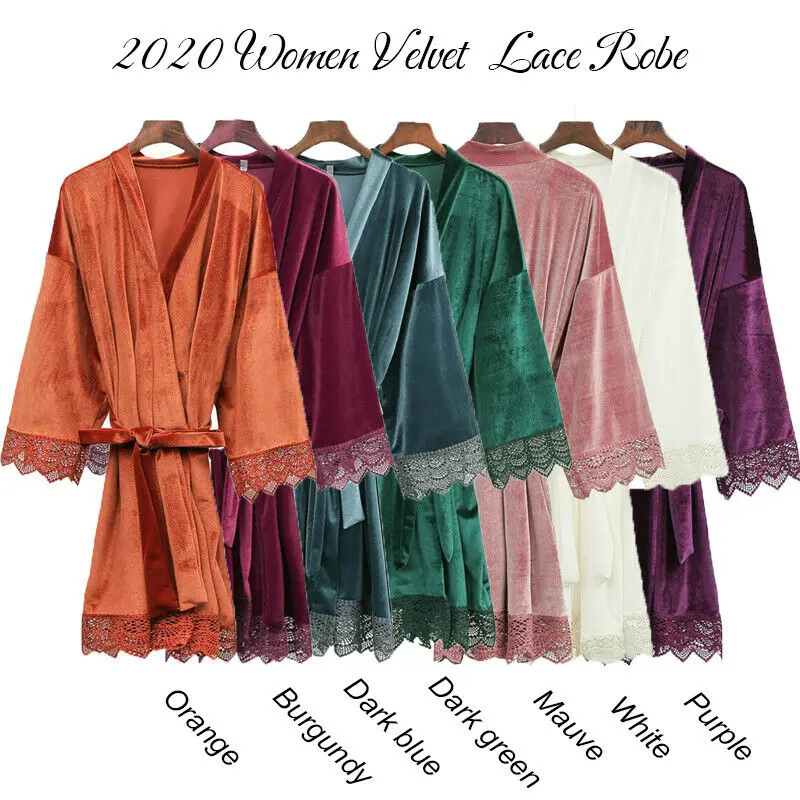 Velvet Lace Robe Wedding Robe Women Bathrobe Bride Robe Bridesmaid Robes Kimono Bath Robes Sleepwear 2021 spring fashion sexy v neck silk robe long sleeved rayon comfortable bathrobe pajamas home wear bathrobe women kimono robe