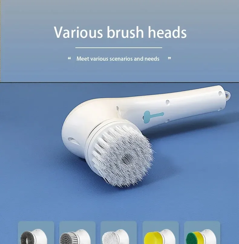 Powerful Wireless Cleaning Brush USB Rechargeable 5 Heads Effortless Scrub