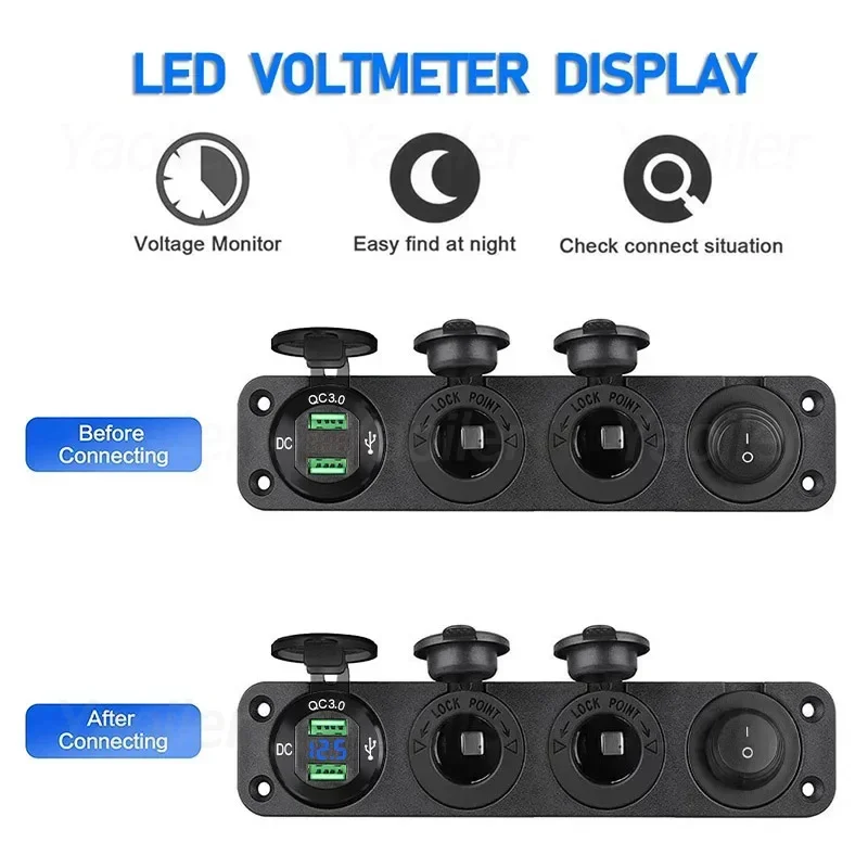 MEIRIYFA Presa Accendisigari 12V Per Auto Con Doppia USB QC3.0 – Pannello 3 In 1 Con Voltmetro LED E Interruttore Impermeabile Per Camper, Moto, ATV