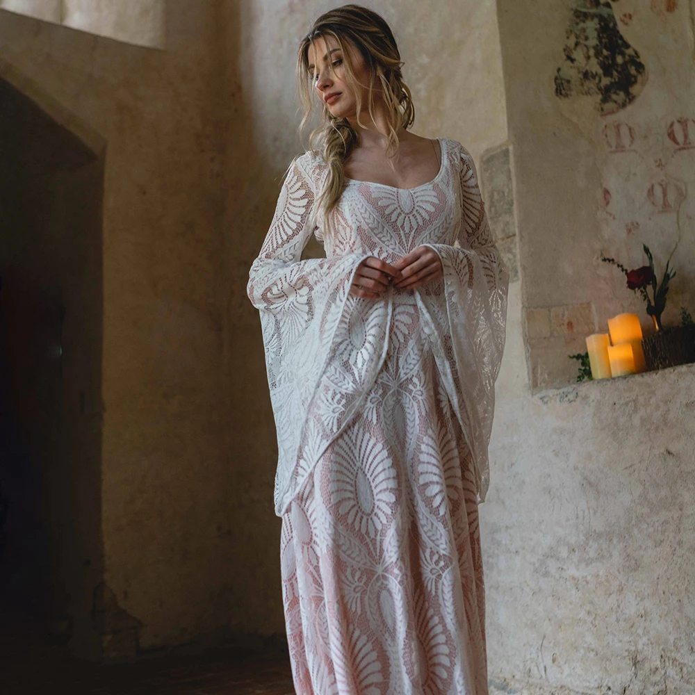 

Scoop Neck Long Loose Batwing Sleeves Lace Wedding Dress Factory Custom Made Boho Pink Buttons Closed Back Modest Bridal Gown