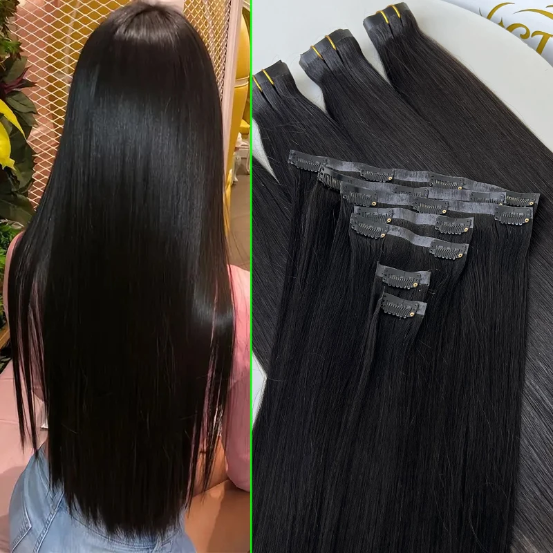 7Pcs/Set Seamless Clip Ins Straight Human Hair 100％ Raw Unprocessed Human Hair Extensions PU Weft Extension Full Head 100g