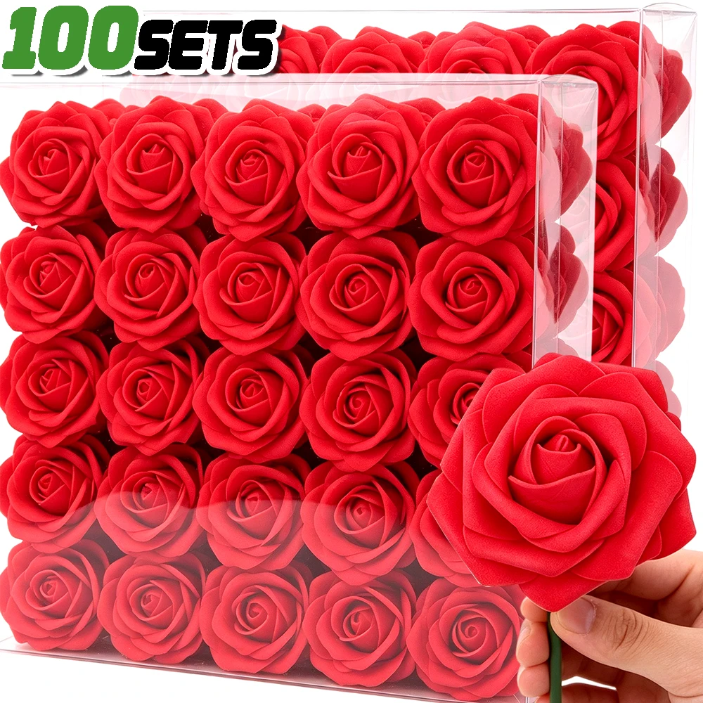 Artificial Rose Bouquets Foam Faux Flower for Wedding Birthday Party Home Decor Fake Rose Heads DIY Scrapbooking Valentines Gift