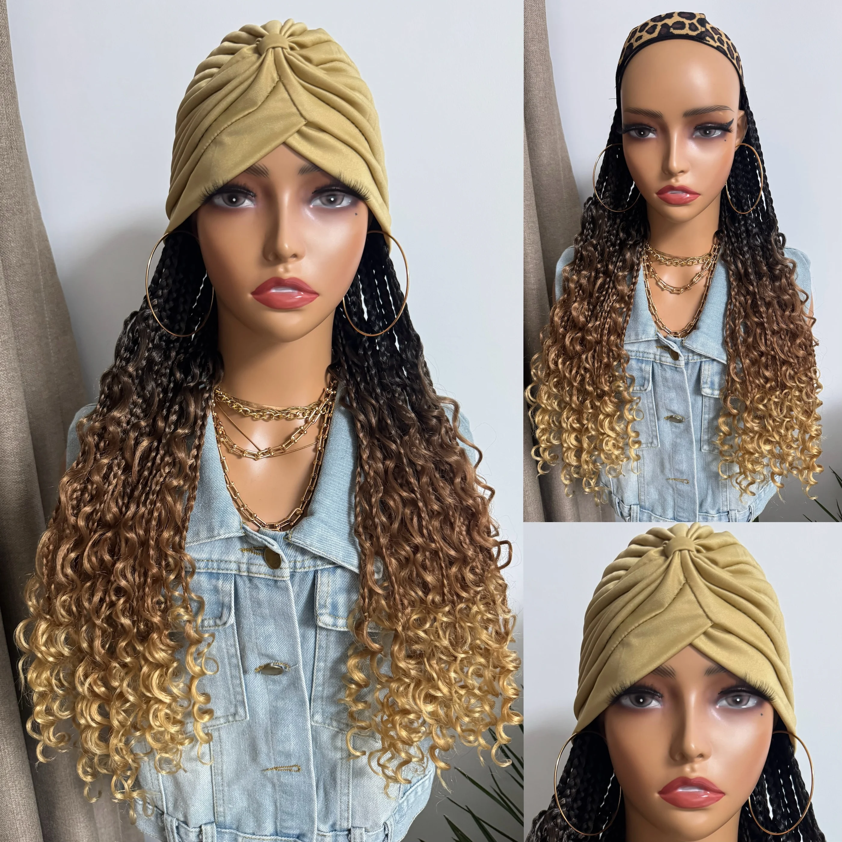 WIGERA Long Headband Ombre Brown Honey Blond Boho Box Braided Synthetic Wig Changed Freely Turban Braiding Hair Extensions