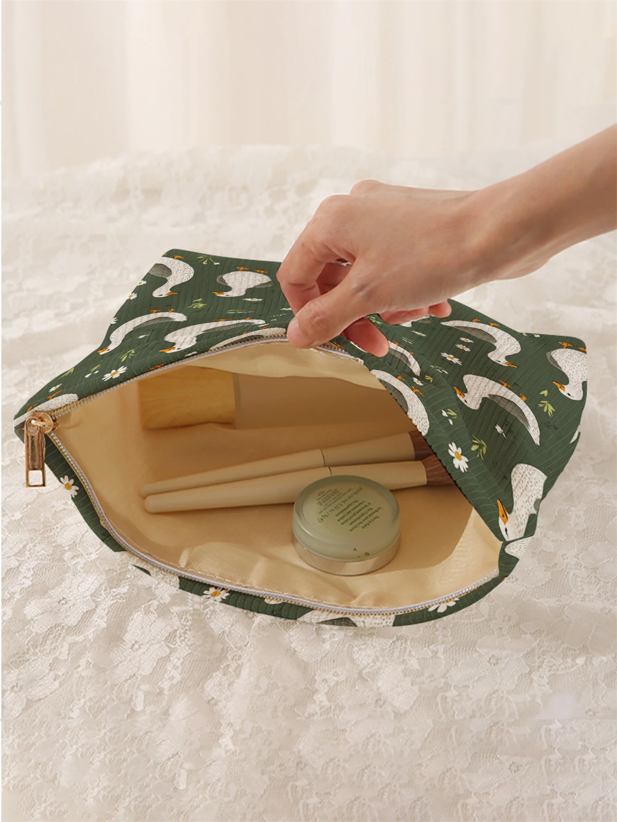 1pc duck pattern printed corduroy makeup bag, lightweight zipper makeup storage box, multifunctional bag with lining