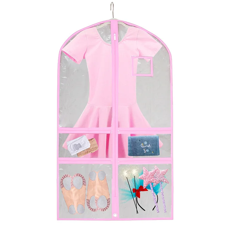 40'' Clear Kids Dance Costume Garment Bags for Dancers With Pockets PVC Waterproof Foldable Travel Hanging Clothes S