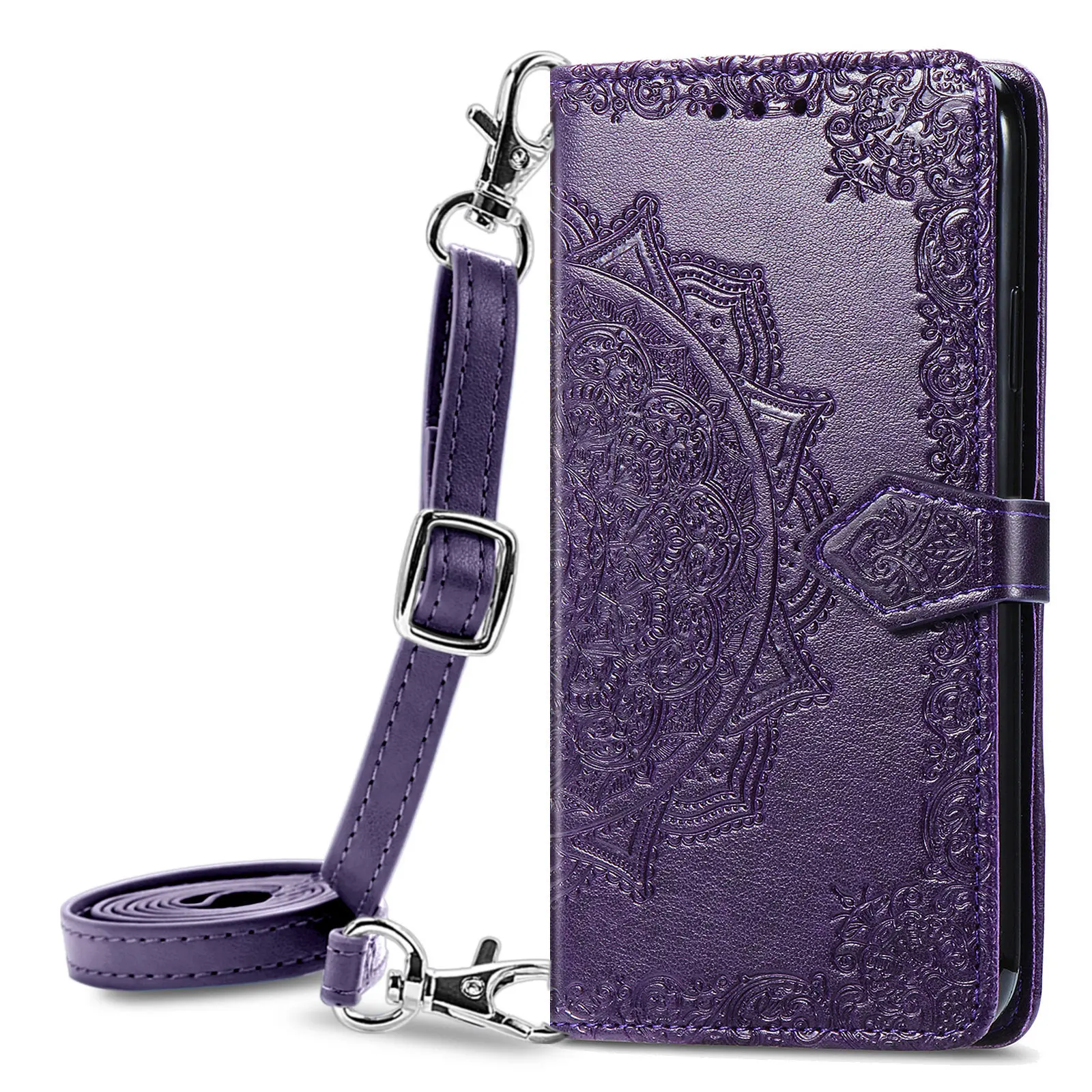 Mandala Flower Leather Strap Crossbody Flip Wallet Case with Card Slots