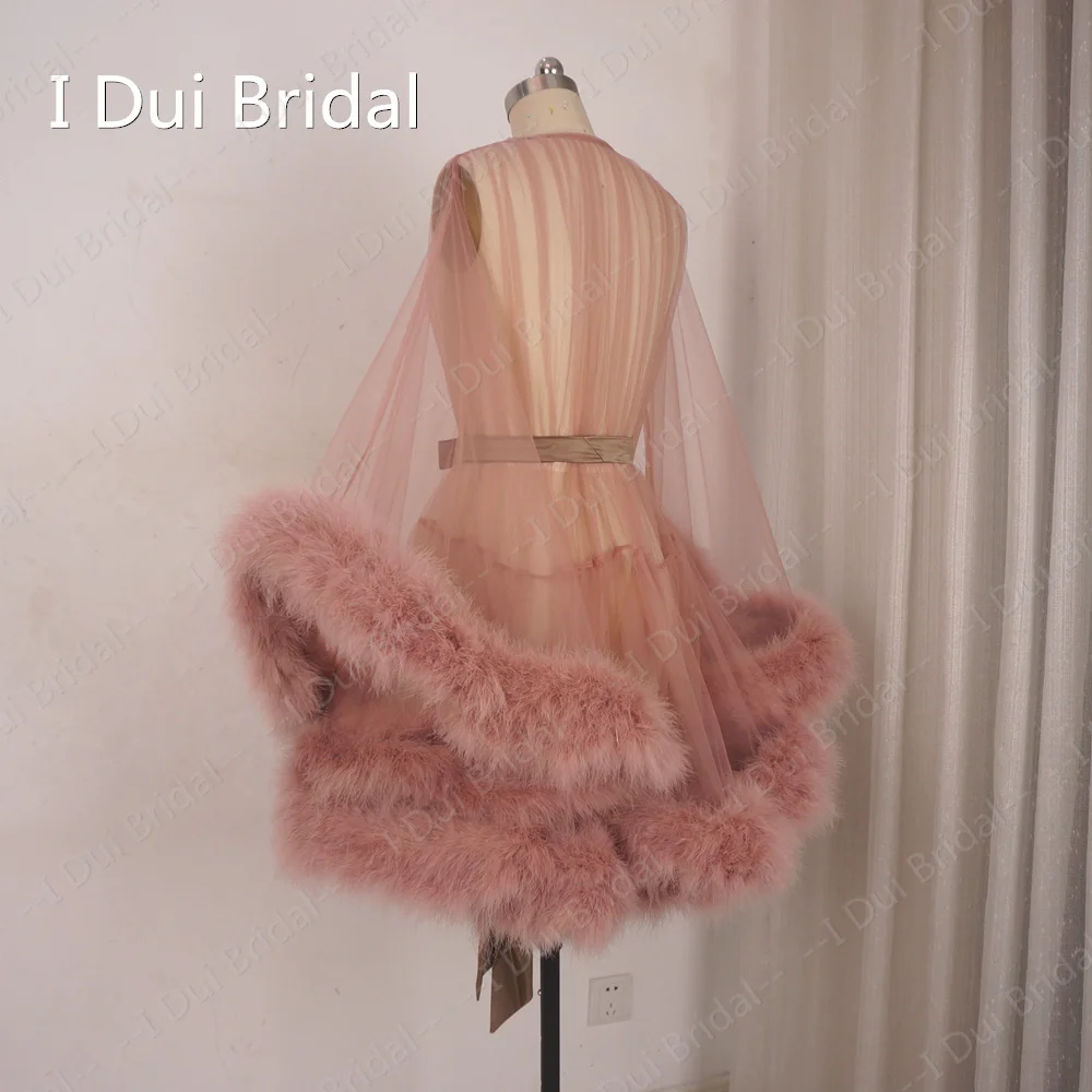 Extra Puffy Short Marabou Feather Robe Boudoir Sheer Tulle Illusion Birthday Lingerie Set