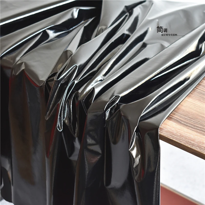 Stretch PVC Leather Fabric Black Mirror Coating Patent Leather Soft Waterproof Light Down Clothing Designer DIY Sewing Fabrics