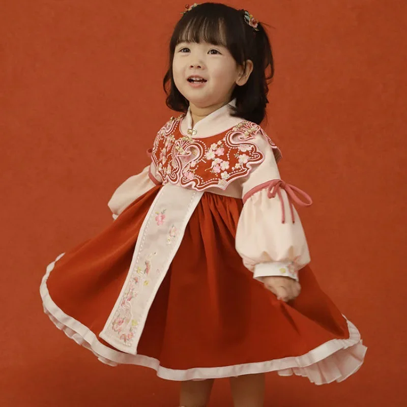

Retro Hanfu For Girls Kids Chinese Cheongsam Embroidery Princess Dress Traditional New Year Outfit Ming Dynasty