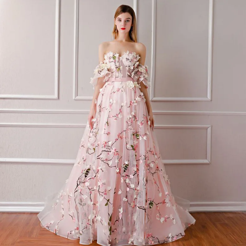 

Off Shoulder Pink Dress Wedding Evening Dress Elegant Dresses For Women Prom Dresses Bridal Gown 3D Embroidered Flower Dress
