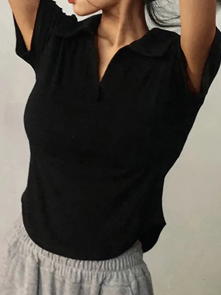 Sommer Kurzarm Revers Top Frauen solide V-Ausschnitt Pullover Retro süße Hemden heiße Mädchen Ernte Top weibliche schlanke vielseitige T-Shirt